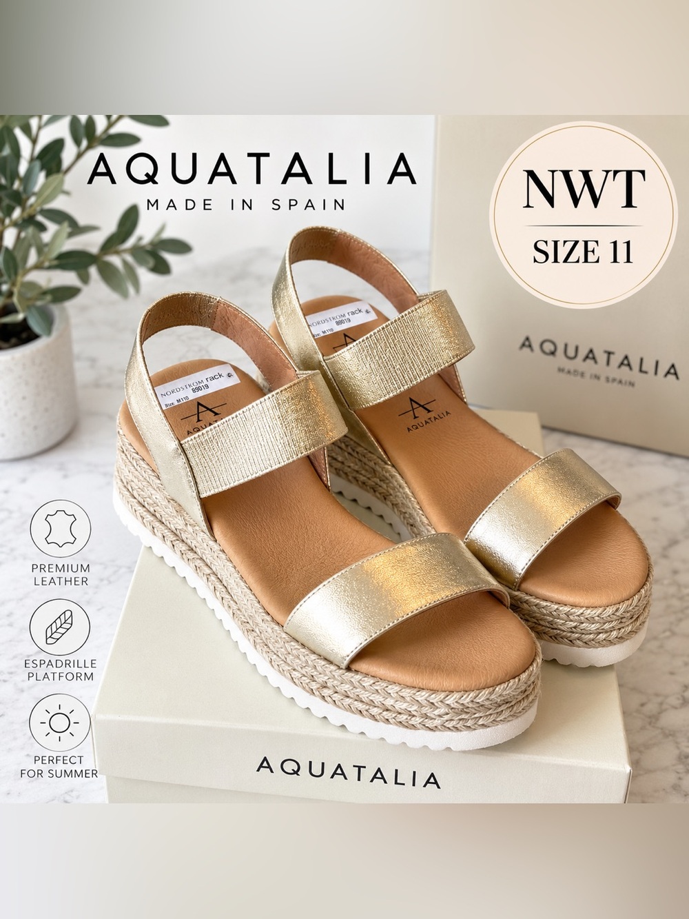 NWT Aquatalia Gold Metallic Espadrille Platform Sandals Size 11